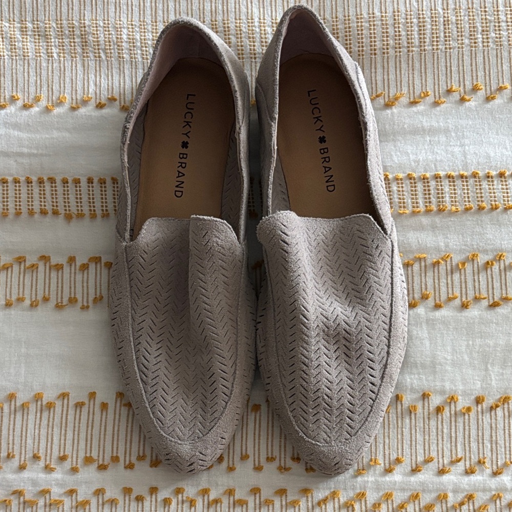 Lucky Brand Taupe Suede Loafers with Herringbone Texture